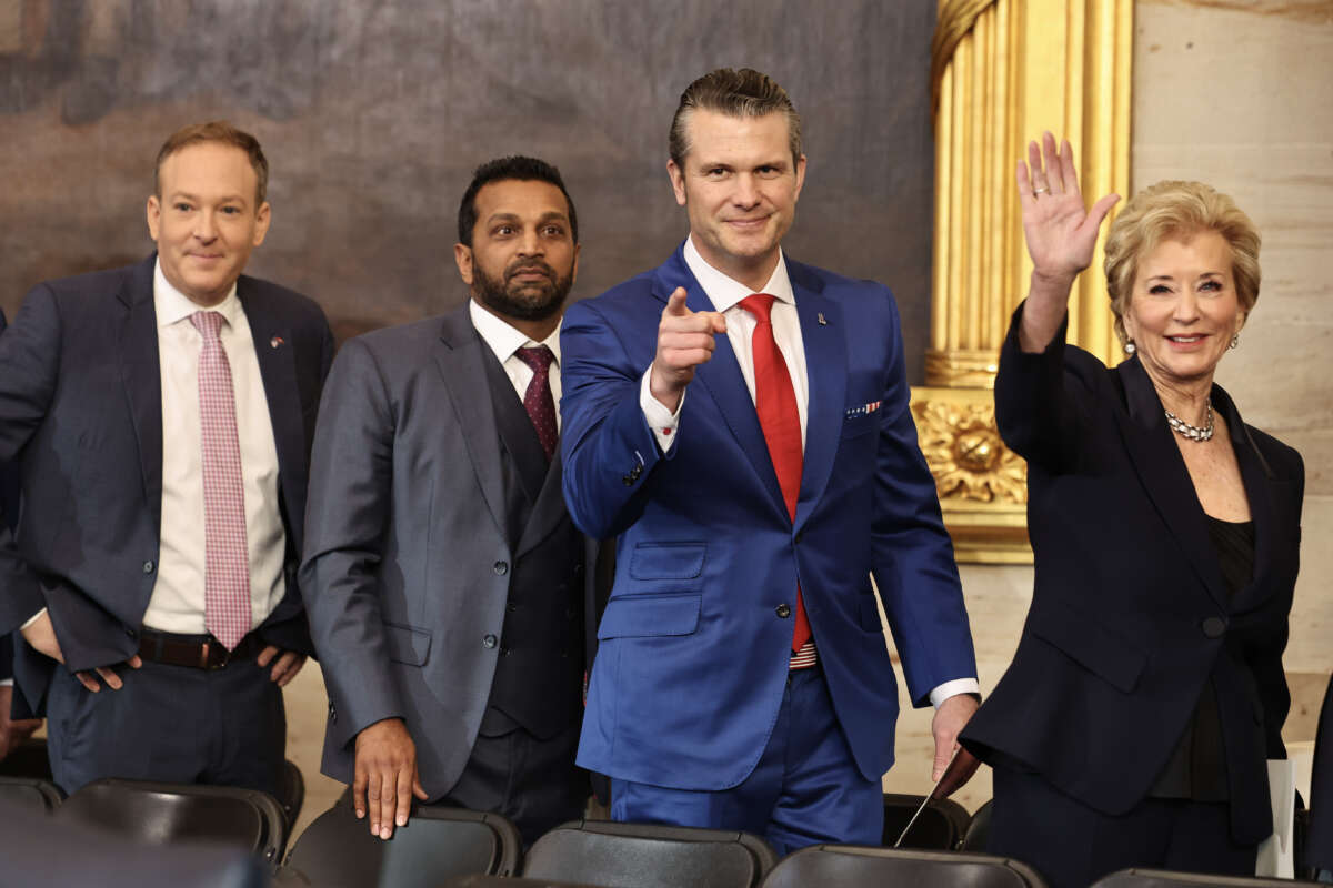 (L-R) Former Rep. Lee Zeldin (R-NY), President Trump’s nominee for Administrator of the Environmental Protection Agency, Kash Patel, President Trump's nominee for FBI Director, Pete Hegseth, President Trump's nominee for Secretary of Defense and Linda McMahon, President Trump's nominee for Education Secretary depart inauguration ceremonies in the Rotunda of the U.S. Capitol on January 20, 2025, in Washington, D.C.