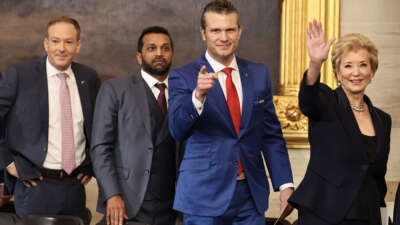 (L-R) Former Rep. Lee Zeldin (R-NY), President Trump’s nominee for Administrator of the Environmental Protection Agency, Kash Patel, President Trump's nominee for FBI Director, Pete Hegseth, President Trump's nominee for Secretary of Defense and Linda McMahon, President Trump's nominee for Education Secretary depart inauguration ceremonies in the Rotunda of the U.S. Capitol on January 20, 2025, in Washington, D.C.