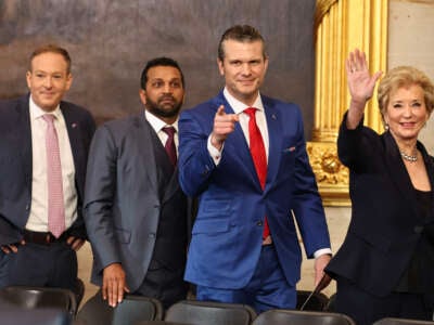 (L-R) Former Rep. Lee Zeldin (R-NY), President Trump’s nominee for Administrator of the Environmental Protection Agency, Kash Patel, President Trump's nominee for FBI Director, Pete Hegseth, President Trump's nominee for Secretary of Defense and Linda McMahon, President Trump's nominee for Education Secretary depart inauguration ceremonies in the Rotunda of the U.S. Capitol on January 20, 2025, in Washington, D.C.