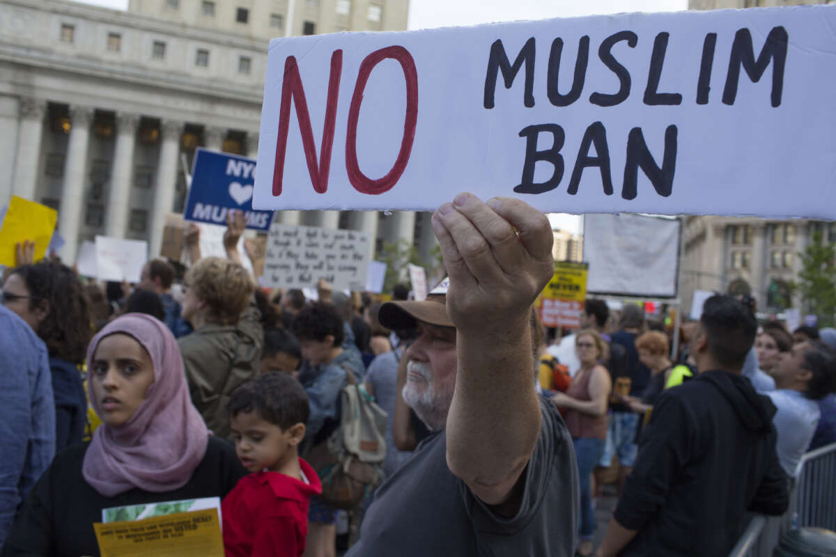 Protestors gather to demonstrate against the Supreme Court's 5-4 decision to uphold President Donald Trump's travel ban against five Muslim-majority nations on June 26, 2018, in Foley Square, New York City.