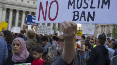 Protestors gather to demonstrate against the Supreme Court's 5-4 decision to uphold President Donald Trump's travel ban against five Muslim-majority nations on June 26, 2018, in Foley Square, New York City.