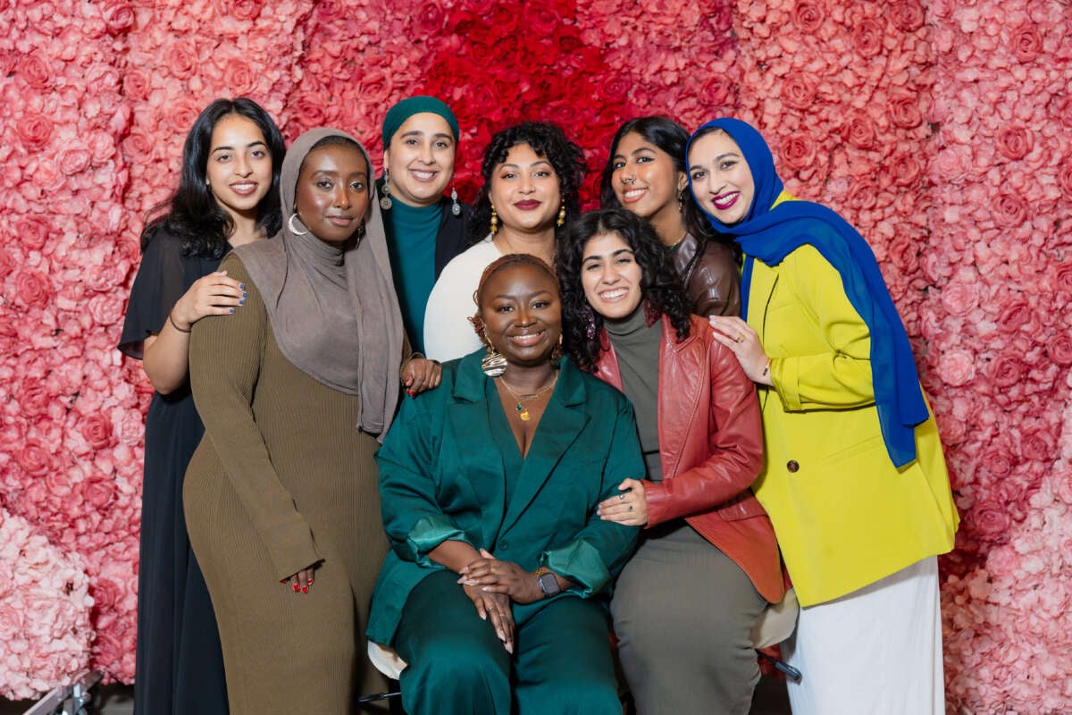 Members of the grassroots organization HEART at the launch of RAHIM in Chicago on October 10, 2024. Left to right: Anahita Farishta, Sabreen Mohammed, Nadiah Mohajir, Dr. Haddi Ceesay, Navila Rashid, Mishka Banuri, Kiran Waqar, Sahar Pirzada.