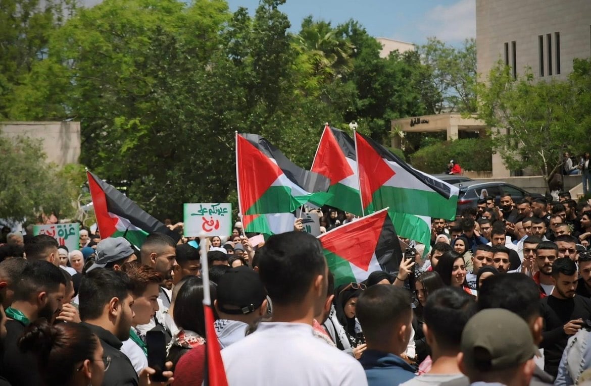 Students protest the ongoing genocide in Gaza during a demonstration at Birzeit University.