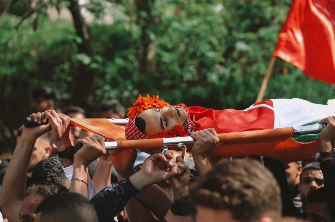 The funeral of martyr Aysar Safi at Birzeit University. Safi was shot while participating in a protest commemorating the Nakba in 2024.