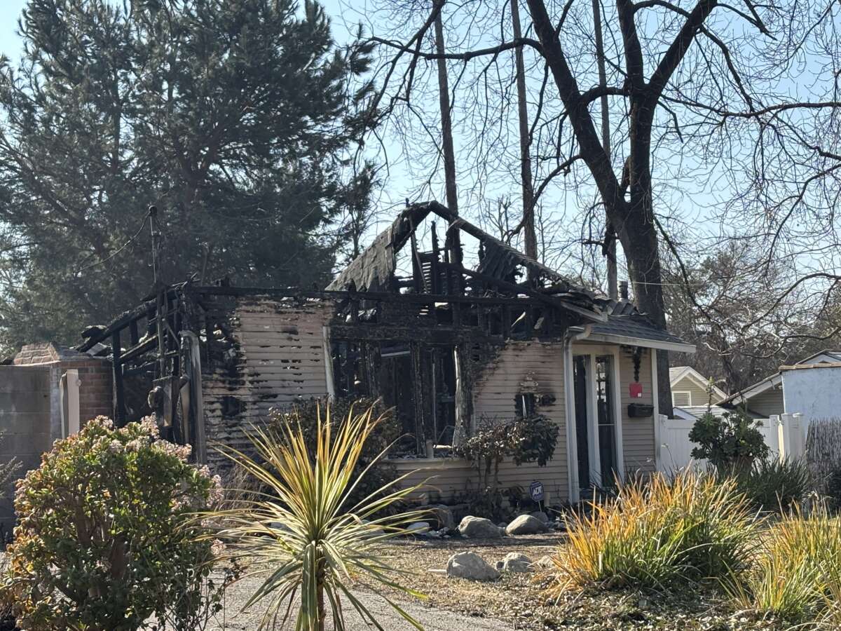 A home destroyed by the Eaton Fire sits on Walworth Avenue in North Pasadena.