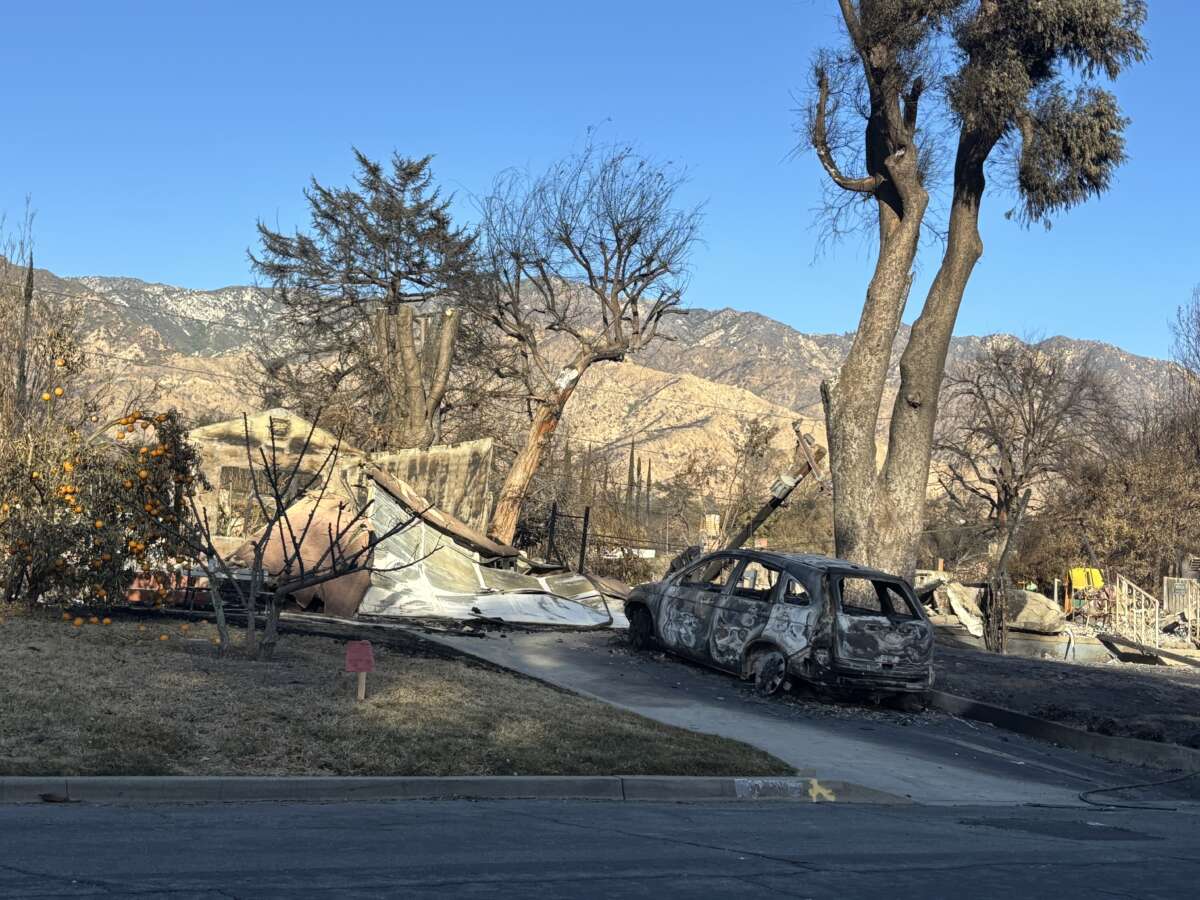 A home destroyed by Eaton Fire sits on Mariposa Avenue in Altadena.