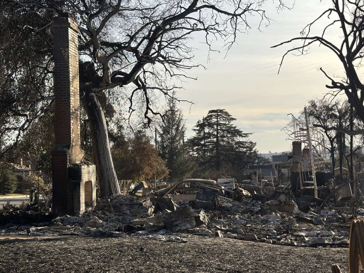 A home destroyed by Eaton Fire sits on Mariposa Avenue in Altadena.