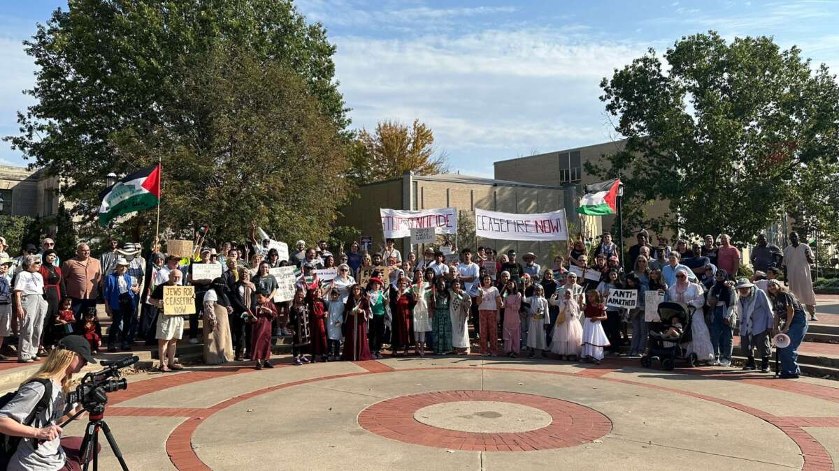 Mizzou students and community members commemorate a year-long commitment to weekly protests at their speakers circle at the University of Missouri, Columbia, on October 12, 2024.