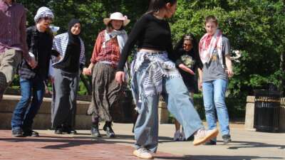 Mizzou students perform dabkeh (a popular folk dance in Palestine and beyond) at a speakers circle at the University of Missouri, Columbia, during a week-long event that established a Liberated Zone on campus from May 6-12, 2024.