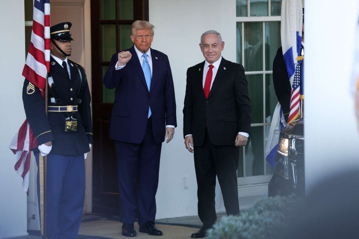 U.S. President Donald Trump greets Israeli Prime Minister Benjamin Netanyahu at the White House in Washington, D.C. on February 4, 2025.