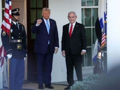 U.S. President Donald Trump greets Israeli Prime Minister Benjamin Netanyahu at the White House in Washington, D.C. on February 4, 2025.