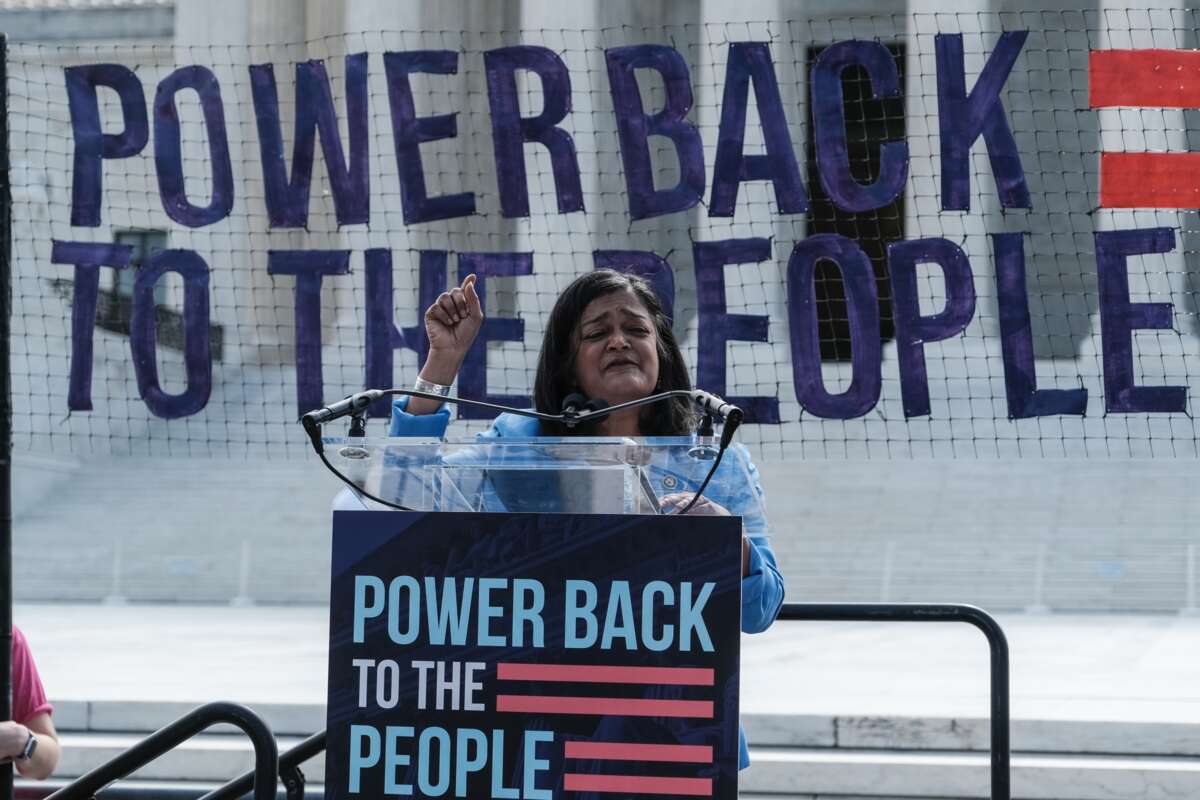 Rep. Pramila Jayapal (D-Washington) speaks during a rally outside the U.S. Supreme Court on June 28, 2024 in Washington, D.C.