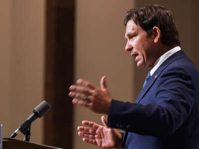 Florida Gov. Ron DeSantis holds a press conference at The Grove Bible Chapel in Winter Garden, Florida.