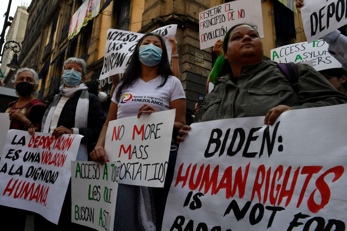 Demonstrators protest against mass deportations at the U.S.-Mexico border, near the National Palace in Mexico City, Mexico, on January 10, 2023.