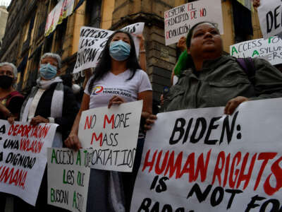 Demonstrators protest against mass deportations at the U.S.-Mexico border, near the National Palace in Mexico City, Mexico, on January 10, 2023.