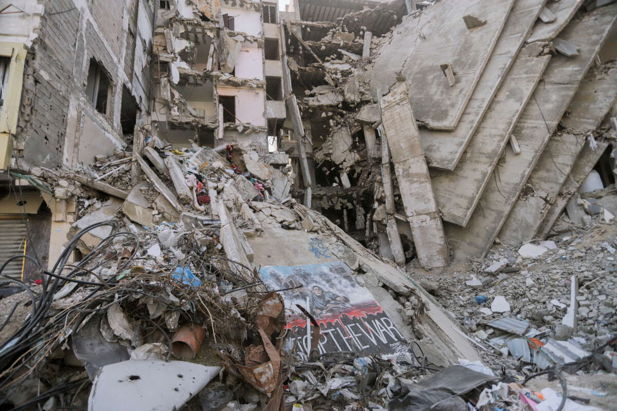 Rubble from collapsed buildings fills the streets of central Gaza City on January 31, 2025.