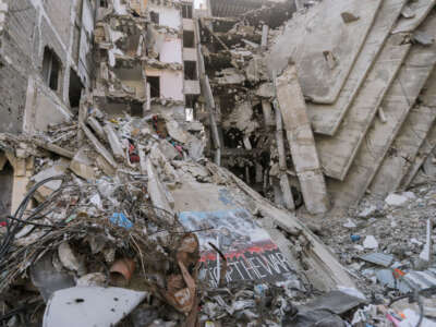 Rubble from collapsed buildings fills the streets of central Gaza City on January 31, 2025.