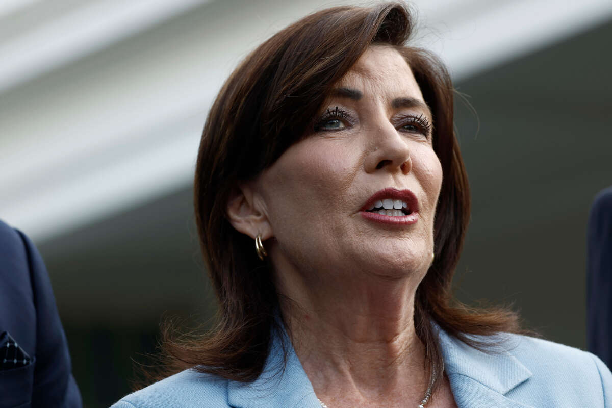 New York Gov. Kathy Hochul speaks to reporters after a meeting with U.S. President Joe Biden at the White House on July 3, 2024, in Washington, D.C.