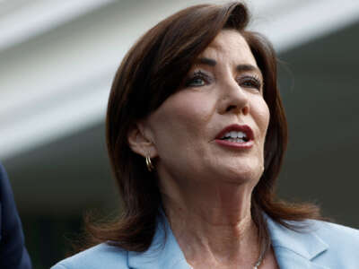 New York Gov. Kathy Hochul speaks to reporters after a meeting with U.S. President Joe Biden at the White House on July 3, 2024, in Washington, D.C.