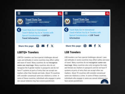 A capture from NBC News of the changes made to the State Department’s travel safety website.