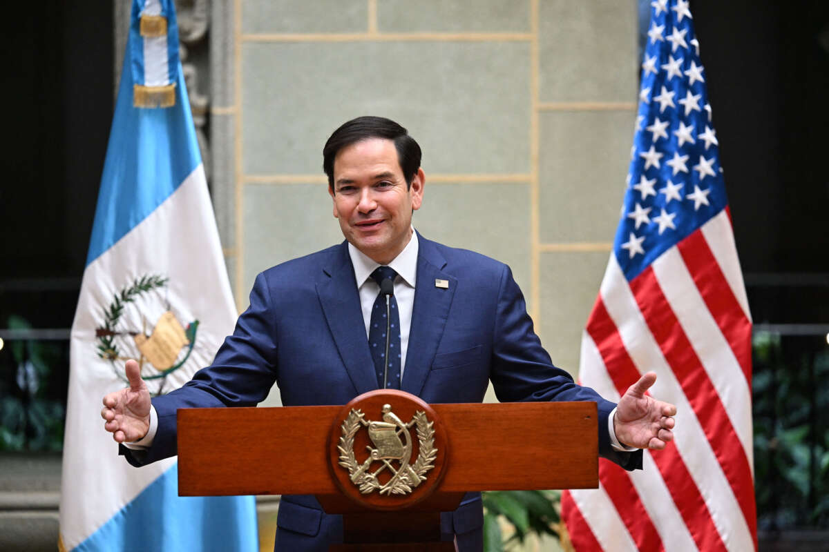 U.S. Secretary of State Marco Rubio talks to the media during a joint news conference with Guatemala's President Bernardo Arevalo at the Culture Palace in Guatemala City on February 5, 2025.