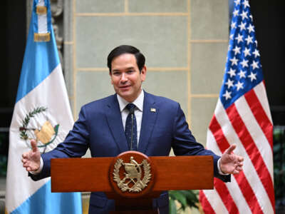 U.S. Secretary of State Marco Rubio talks to the media during a joint news conference with Guatemala's President Bernardo Arevalo at the Culture Palace in Guatemala City on February 5, 2025.