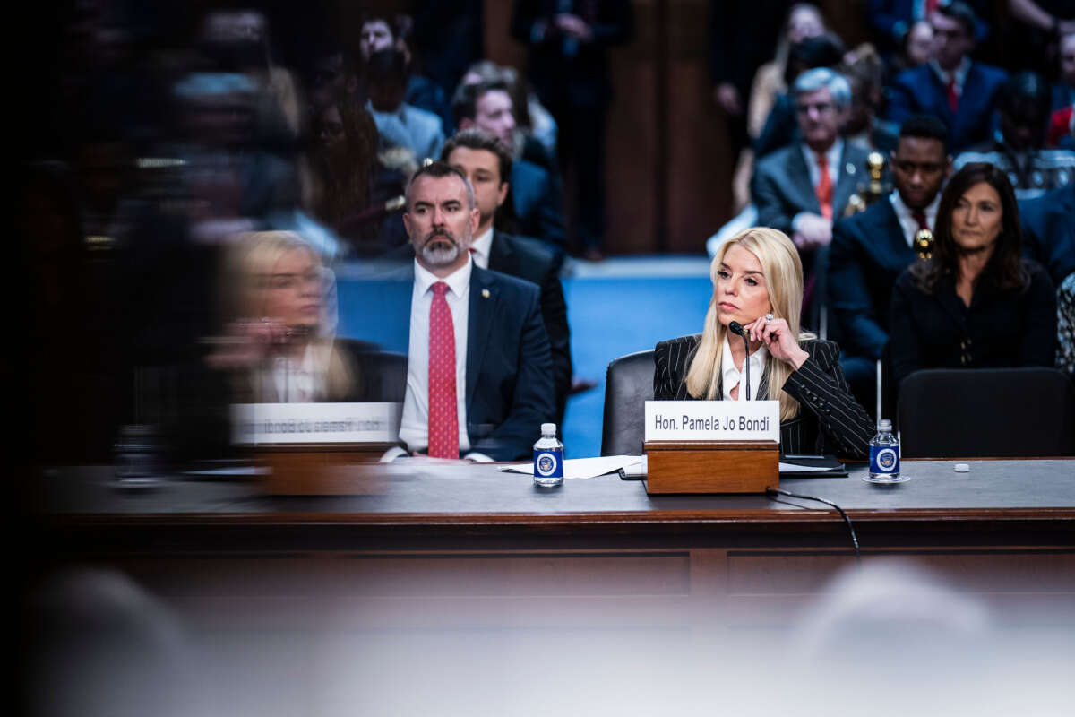 Pam Bondi, President-elect Donald Trump's choice to lead the Justice Department as attorney general, listens during her Senate Judiciary Committee confirmation hearing on Capitol Hill on January 15, 2025, in Washington, D.C.