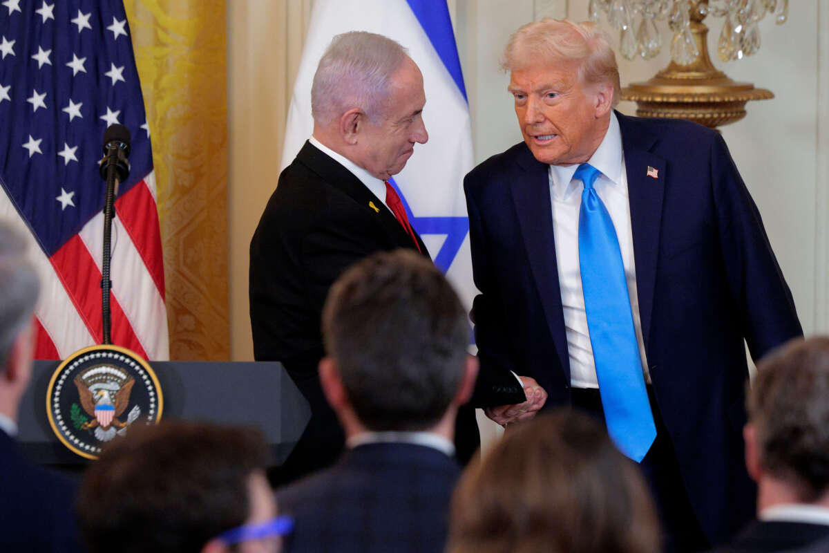 President Donald Trump (right) and Israeli Prime Minister Benjamin Netanyahu shake hands following a joint news conference in the East Room of the White House on February 4, 2025, in Washington, D.C.