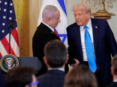 President Donald Trump (right) and Israeli Prime Minister Benjamin Netanyahu shake hands following a joint news conference in the East Room of the White House on February 4, 2025, in Washington, D.C.