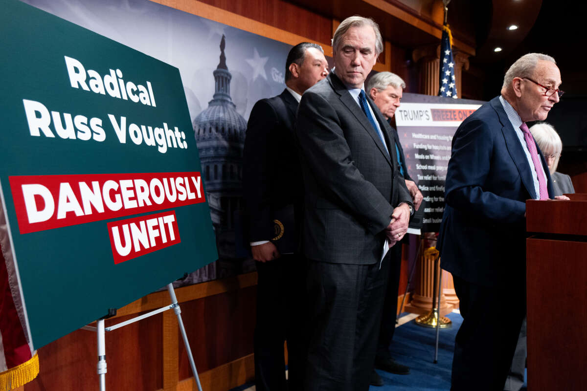 Senate Minority Leader Chuck Schumer, right, holds a media availability with Senate Budget Committee Democrats in protest of the committee advancing Russell Vought's nomination to be director of the Office of Management and Budget on January 30, 2025. From left with Schumer are Senators Alex Padilla, Jeff Merkley, Sheldon Whitehouse and Patty Murray.