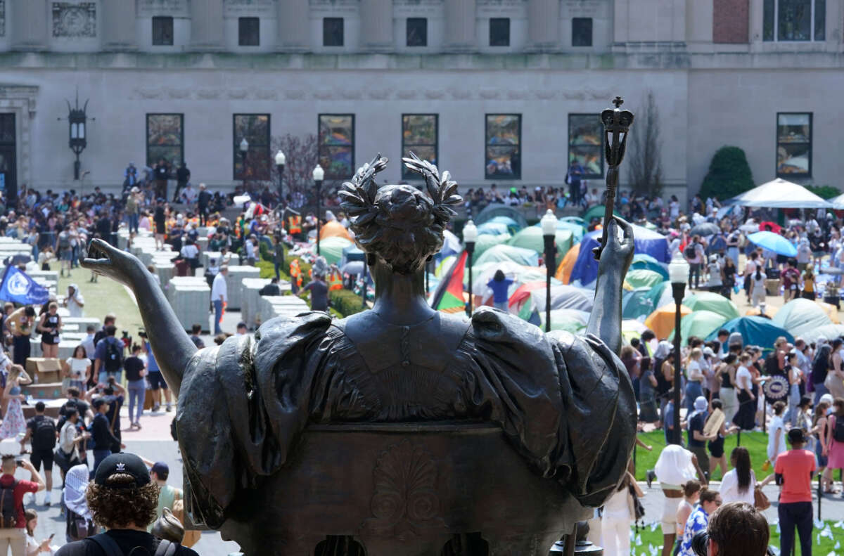 Student demonstrators occupy the pro-Palestinian Gaza Solidarity Encampment on the West Lawn of Columbia University on April 29, 2024, in New York City.