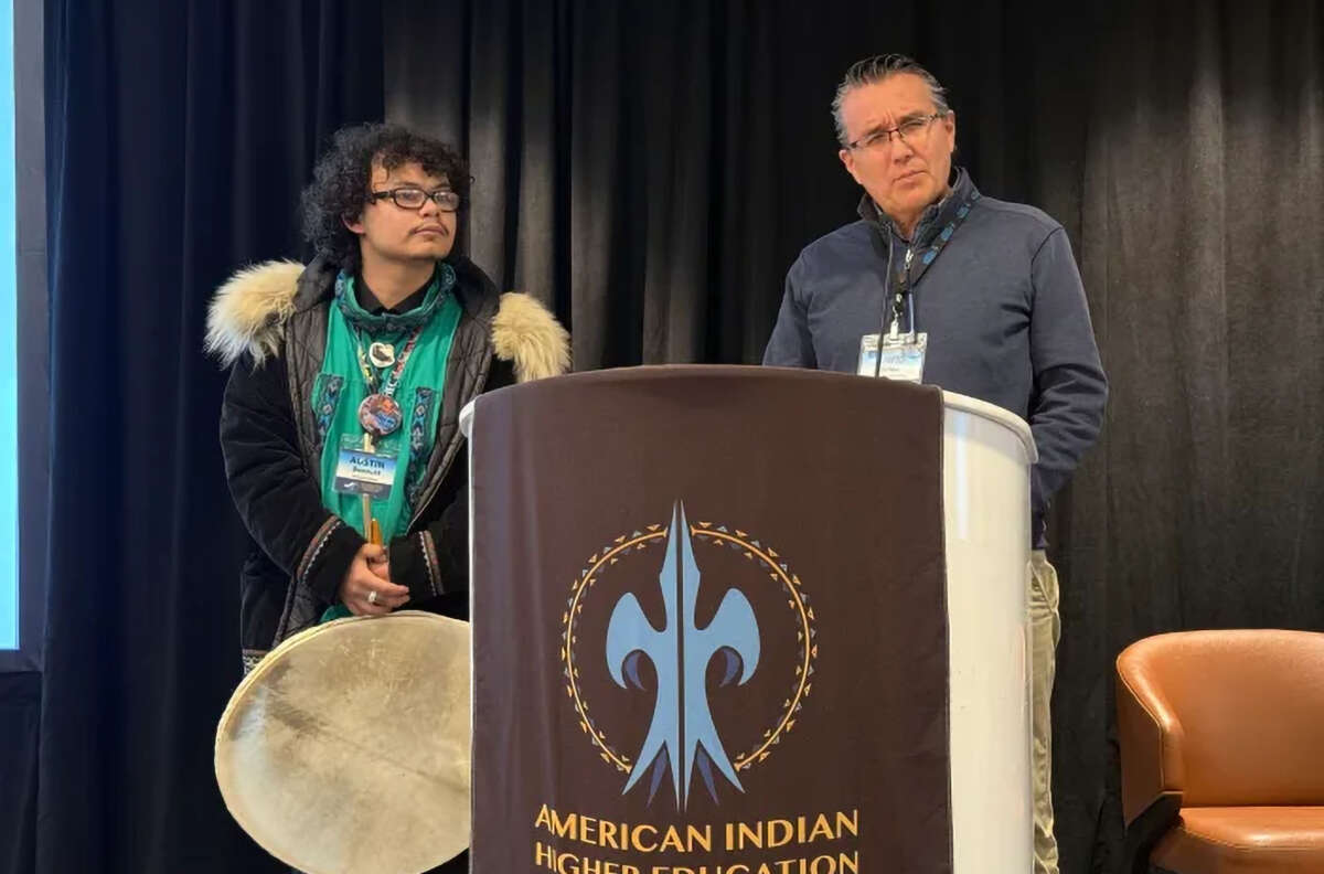 Austin Boots, left, is a first year student at Iḷisaġvik College in Utqiagvik, Alaska, who attended the 2025 American Indian Higher Education Consortium Legislative Summit on February 4, 2025, in Washington, D.C.