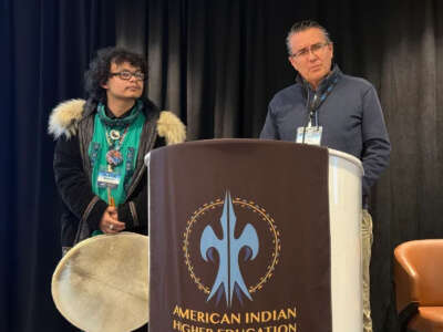 Austin Boots, left, is a first year student at Iḷisaġvik College in Utqiagvik, Alaska, who attended the 2025 American Indian Higher Education Consortium Legislative Summit on February 4, 2025, in Washington, D.C.