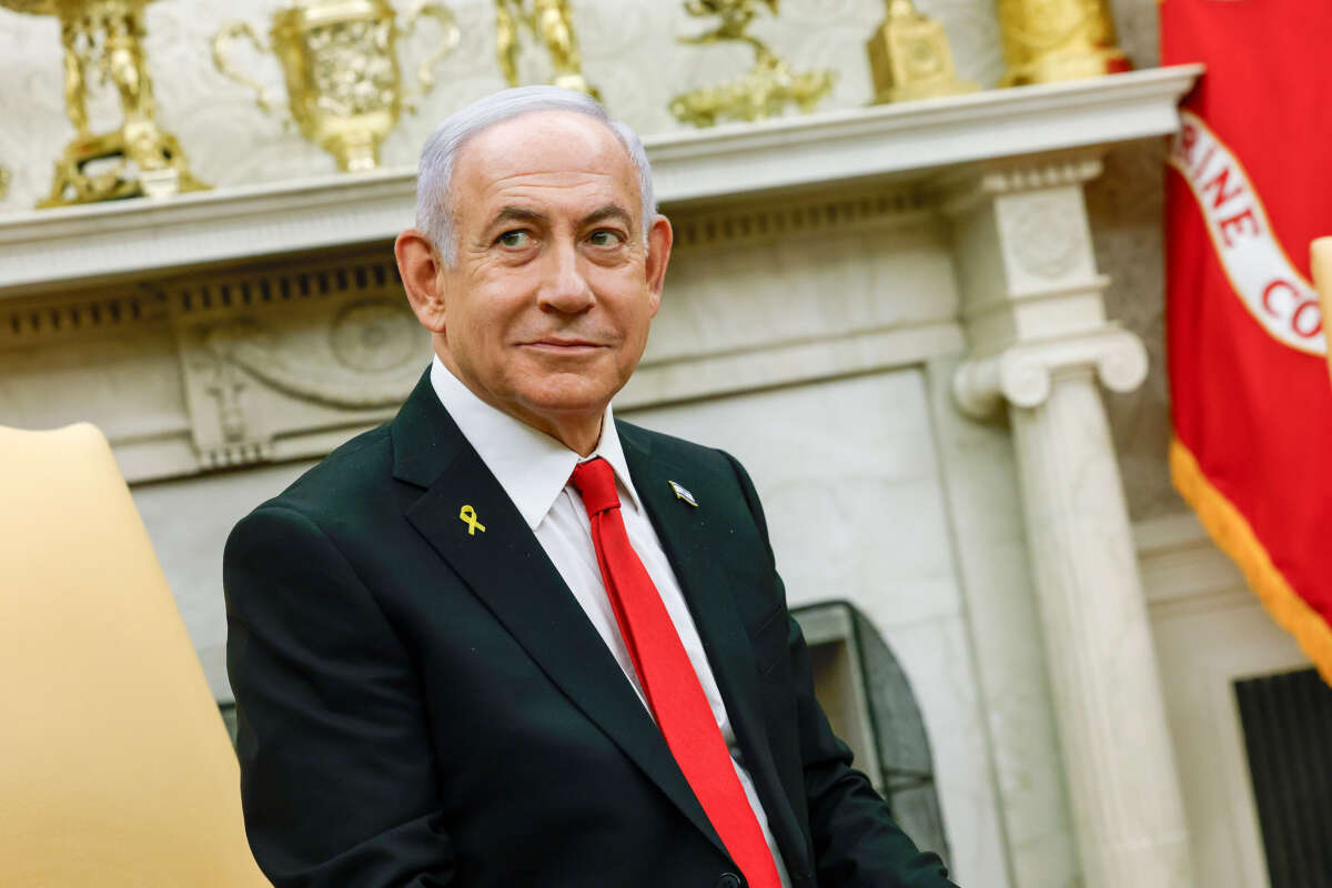 Israeli Prime Minister Benjamin Netanyahu appears during a meeting with President Donald Trump in the Oval Office of the White House on February 4, 2025, in Washington, D.C.