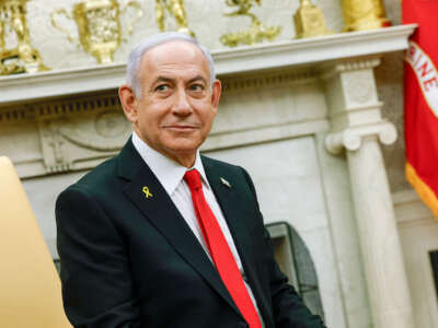 Israeli Prime Minister Benjamin Netanyahu appears during a meeting with President Donald Trump in the Oval Office of the White House on February 4, 2025, in Washington, D.C.