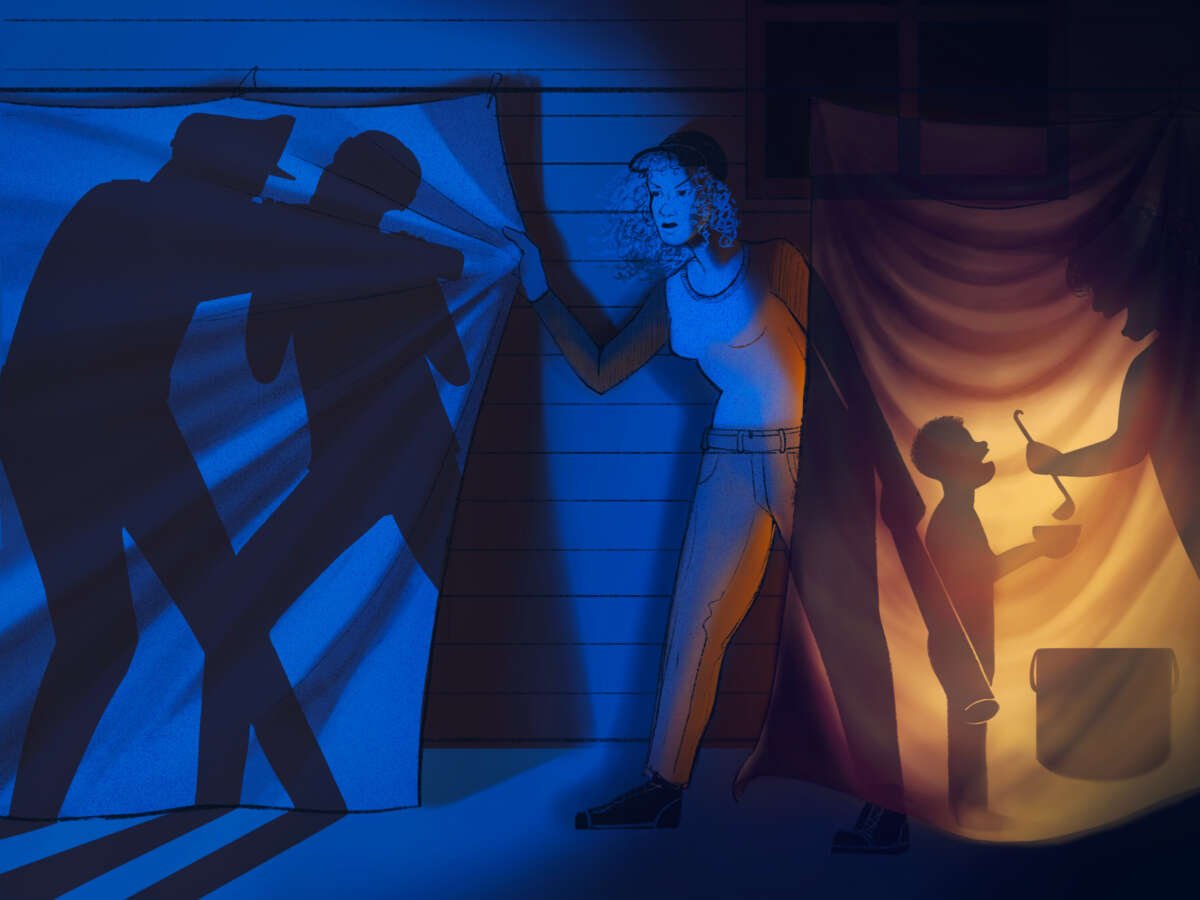 A digital illustration of a woman pulling a sheet that shows the silhouettes of a man fighting a cop, as she stands partially obscured by another sheet that is illuminated by a hearth and shows the silhouette of a person serving a child from a large stock pot.