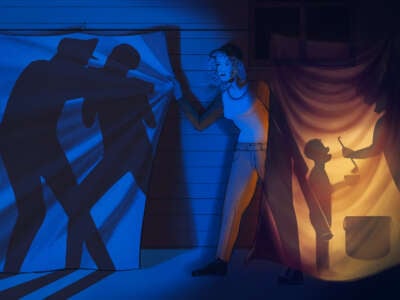 A digital illustration of a woman pulling a sheet that shows the silhouettes of a man fighting a cop, as she stands partially obscured by another sheet that is illuminated by a hearth and shows the silhouette of a person serving a child from a large stock pot.