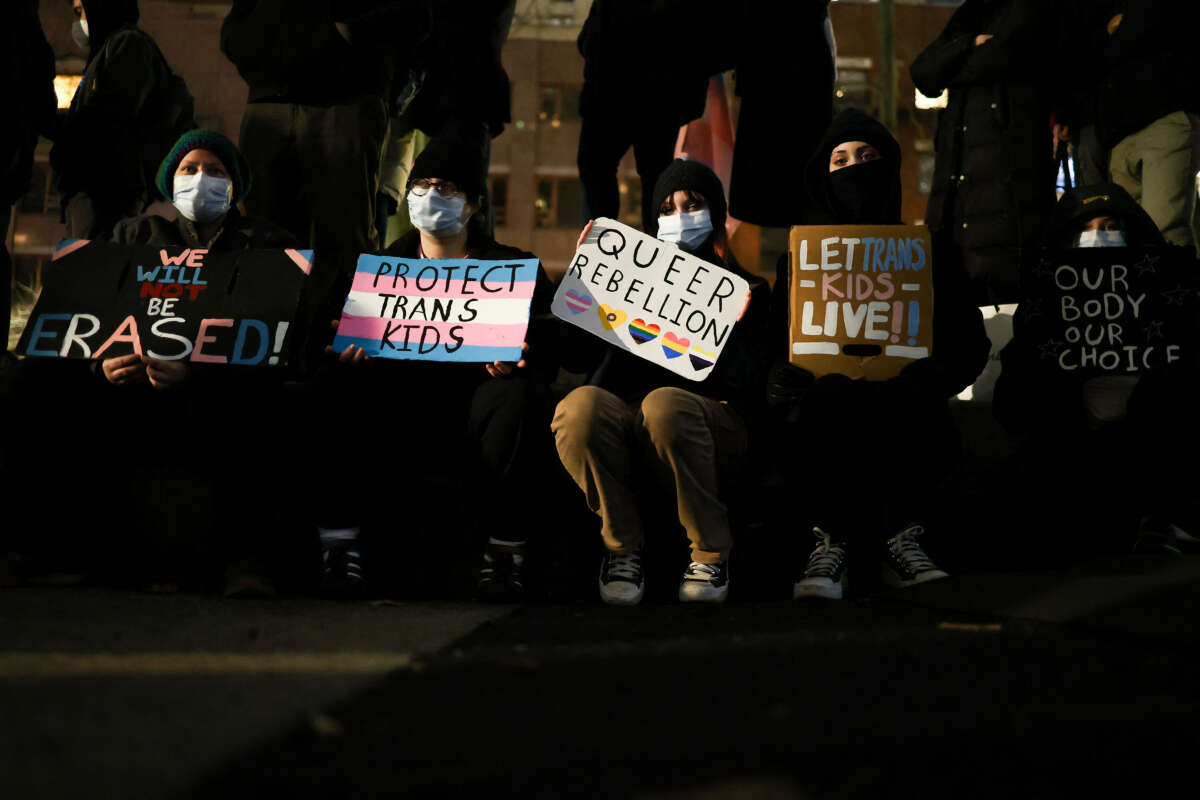 People gather to defend transgender rights in New York City, on February 3, 2025.