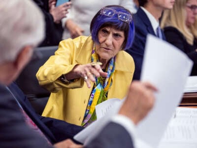 Rosa DeLauro speaks to someone at a hearing