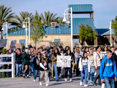 Students stage a walk-out from school while marching behind a banner that reads "JUST BECAUSE THE TRUTH HURTS DOESN'T MEAN STOP TEACHING IT"