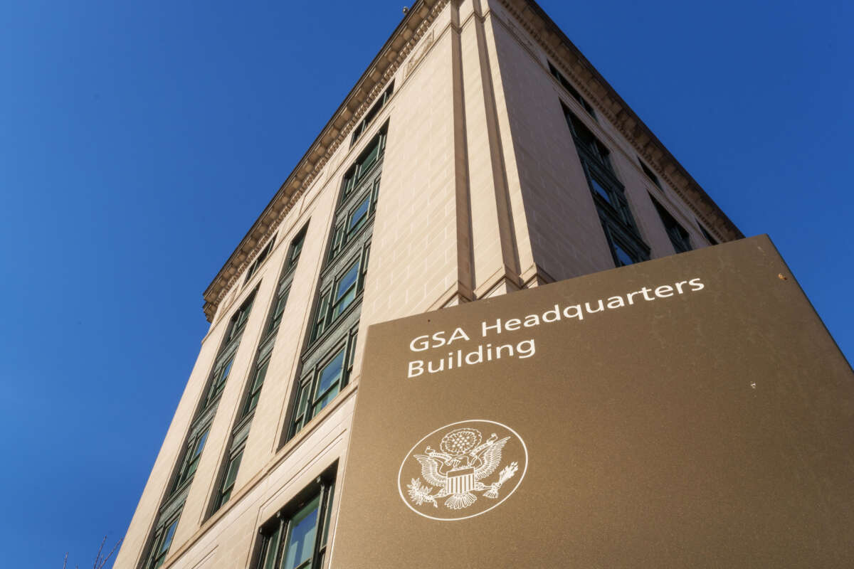 A sign marks the location of the U.S. General Services Administration headquarters building on January 29, 2025, in Washington, D.C.