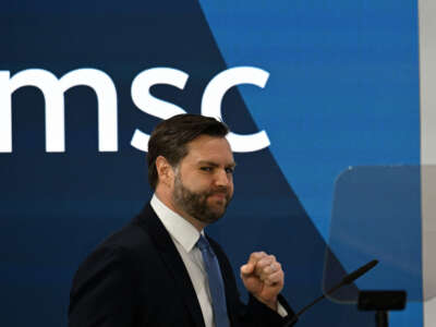 Vice President JD Vance delivers his speech during the 61st Munich Security Conference in Munich, southern Germany, on February 14, 2025.