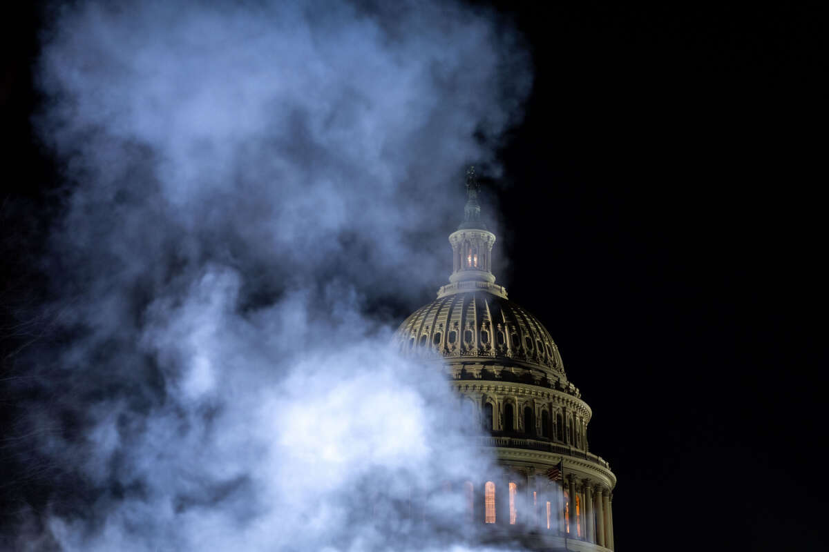 Steam rises from a vent in view of the dome of the U.S. Capitol on December 20, 2024, in Washington, D.C.