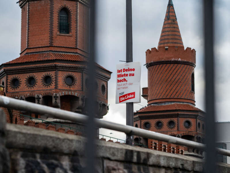 An election campaign ad poster for the Left Party (Die Linke) hangs on Berlin's Oberbaum bridge on January 12, 2025.