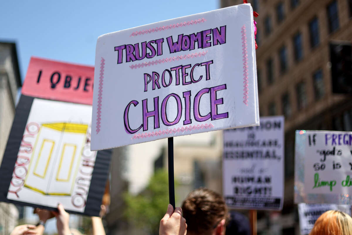 Protestors demonstrate at the March for Reproductive Rights organized by Women’s March L.A. on April 15, 2023, in Los Angeles, California.