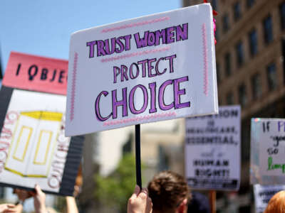 Protestors demonstrate at the March for Reproductive Rights organized by Women’s March L.A. on April 15, 2023, in Los Angeles, California.