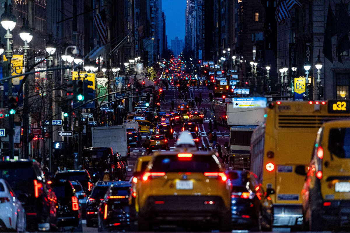 Traffic moves along midtown Manhattan on February 19, 2025, in New York City.