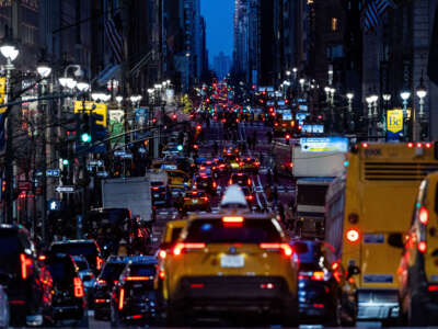 Traffic moves along midtown Manhattan on February 19, 2025, in New York City.