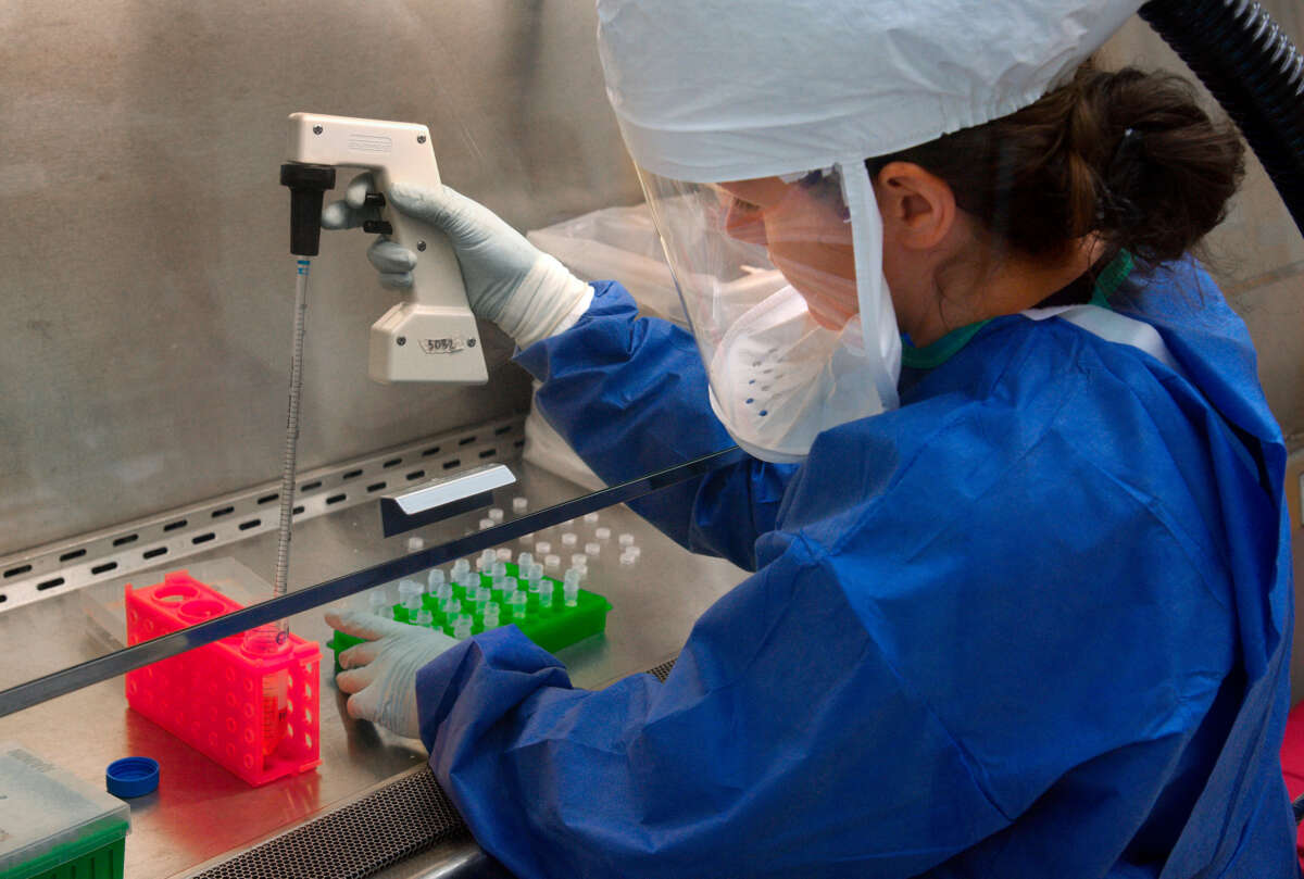 A Centers for Disease Control (CDC) scientist uses a pipette to transfer H7N9 virus into vials for sharing with partner laboratories for public health research purposes.