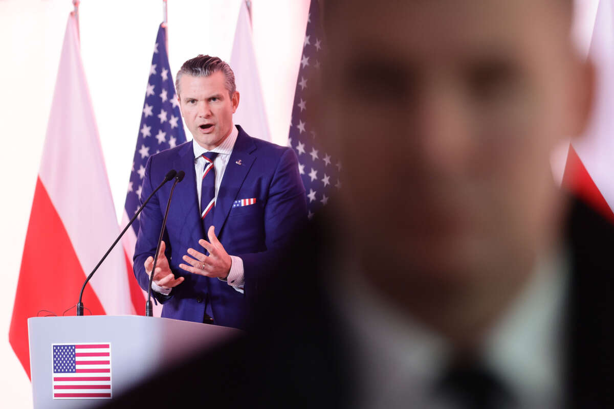 U.S. Secretary of Defense Pete Hegseth speaks during a press conference after his meeting with Polish Defense Minister Wladyslaw Kosiniak-Kamysz in Warsaw, Poland, on February 14, 2025.